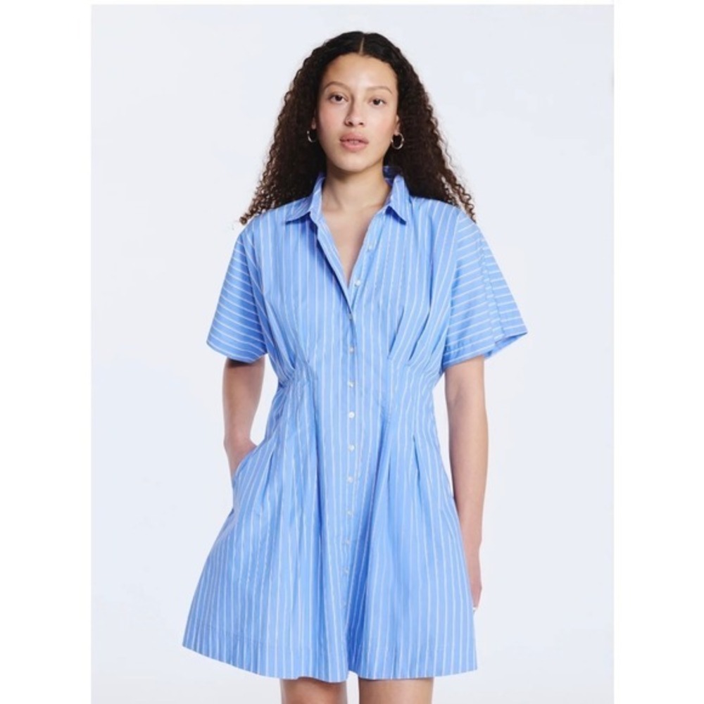 NWT Free Assembly Women's Short Sleeve Cotton Corset Mini Shirtdress Size M Blue